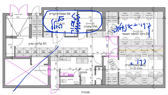 כך עבדו גם בסוף השבוע - תיקונים ביד על תכניות אדריכליות, שזכו לכמה סבבי תיקונים בשישי ושבת.